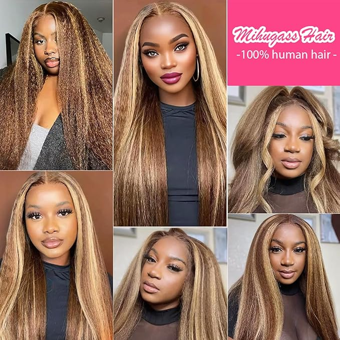 Kinky Straight Clip in Hair Extensions Real Human Highlight Clip ins For Women Unprocessed Clip on Hair Extensions(22inch,#4/27/4)
