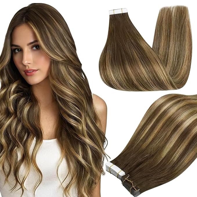 Full Shine Hair Extensions Human Hair Color 4 Medium Brown Ombre 24 Blonde And 4 Brown 20Inch Tape in Hair Extensions 100G Straight Remy Skin Weft 40Pcs Brazilian Extension