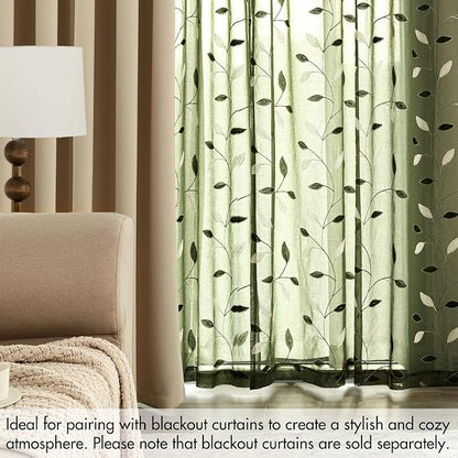 MIULEE Olive Green Sheer Curtains 2 Panels Leaf Patterned, W52 x L63 | - Image 7