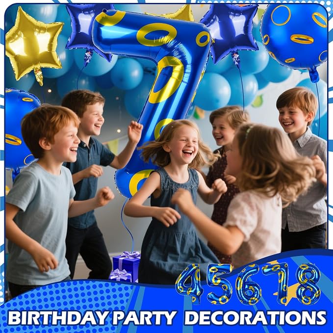 40 Inch Blue and Golden Ring Themed Number Balloon, Number Block Foil Number 7 - Image 4