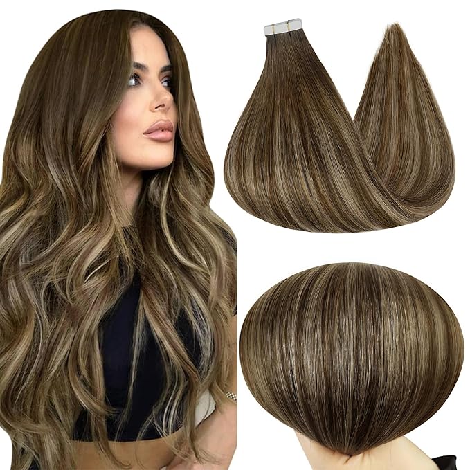 Full Shine Tape in Hair Extensions Human Hair 14Inch Tape in Extensions Invisible Skin Weft Human Hair Color Medium Brown to Blonde and Brown 50G 20Pcs Remy Straight Human Hair Extensions for Wedding