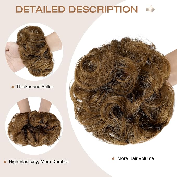 Messy Bun Hair Piece Wavy Curly Scrunchies Fluffy Donut Thick Updo Elegant Chignon Hairpieces for Women Girls, Ginger Brown 1.4oz