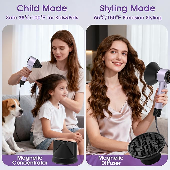 Ionic Hair Dryer with Auto-Adjusting Sensor,AI Hair Dryer with Magnetic Diffuser,100000 RPM High-Speed Hair Blow Dryer for Fast Drying,Compact Blow Dryer with 500M Plasma,Hair Dryers for Women(Purple)