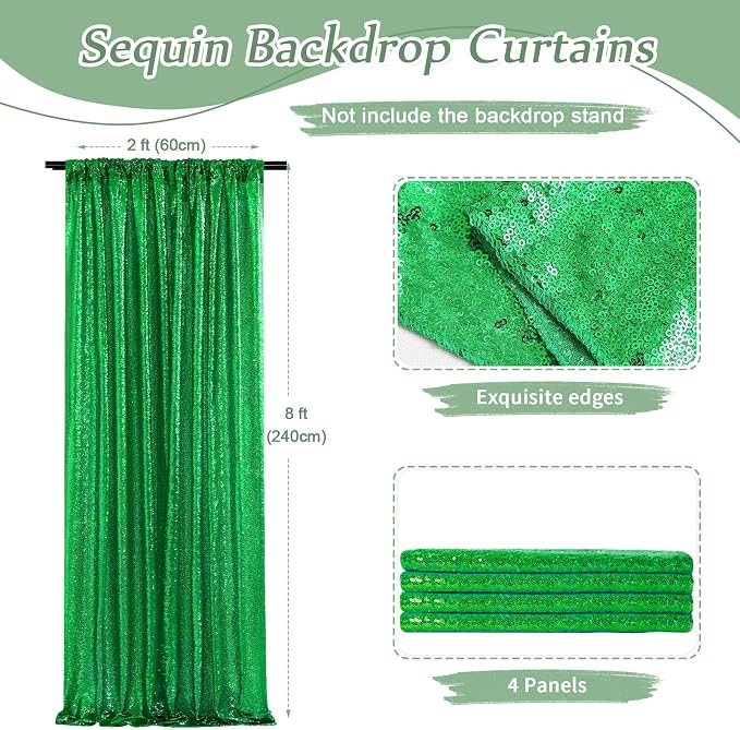 Green Sequin Backdrop Curtains-4 Panels 2FTx8FT Green Backdrop - Image 3
