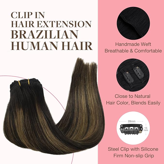 GOO GOO Clip in Hair Extensions Real Human Hair, Remy Human Hair Extensions Clip ins for Women, Natural Human Hair, 14inch 120g 7Pcs, 1B/6/1B Balayage Natural Black to Chestnut Brown