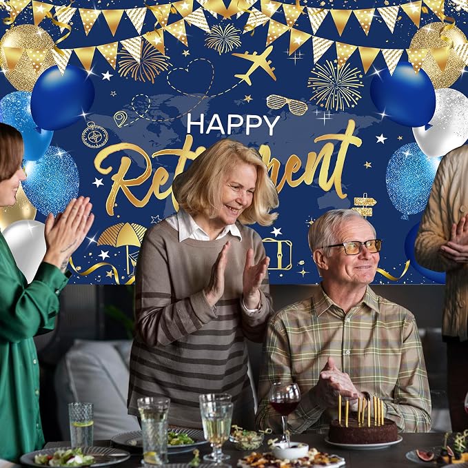 Mocsicka Happy Retirement Party Decorations Backdrop Banner 6x3.6ft | Blue Gold - Image 5