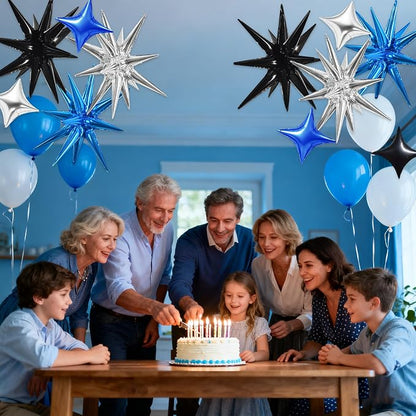 TONIFUL 22Inch 18Pcs Black Blue Silver Explosion Star Mylar Balloons and 10Inch - Image 4