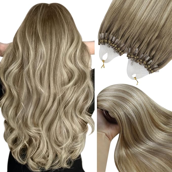 YoungSee Micro Link Hair Extensions Human Hair Balayage Blonde Micro Bead Hair Extensions Real Human Hair Light Brown Ombre Platinum Blonde Microloop Hair Extension 18In for Wedding 50g 50s