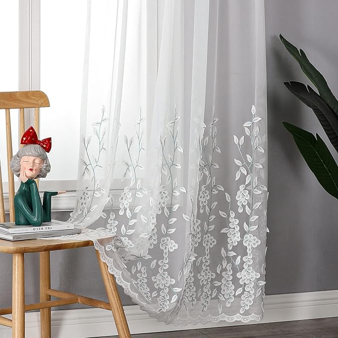 White Sheer Voile Curtains White Embossed Leaves 54Wx84L Inch | Light Filtering by VISIONTEX