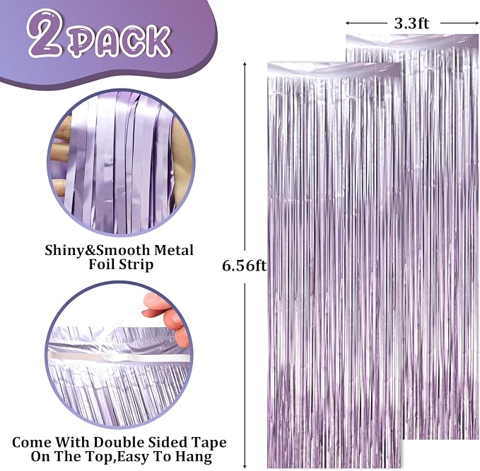 Voircoloria Light Purple Foil Fringe Backdrop Curtains, 2 Pack | Tinsel - Image 2