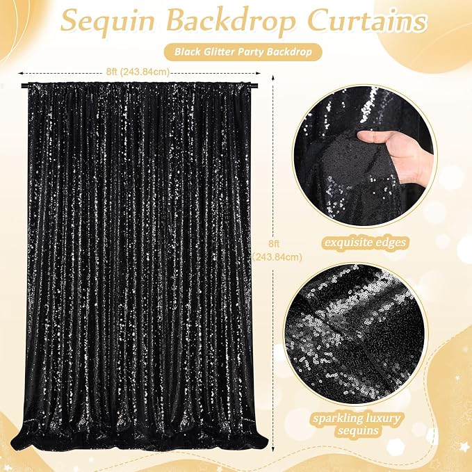 Black Sequin Backdrop 8ft x 8ft Glitter Photo Booth Black Backdrop Curtains | - Image 4