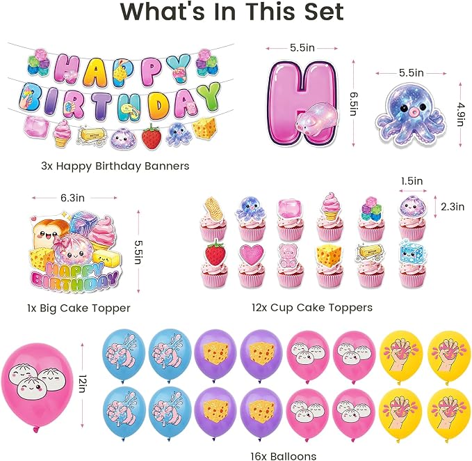 32Pcs Squishy Birthday Decorations, Includes Banner Balloons & Cake Topper | - Image 2
