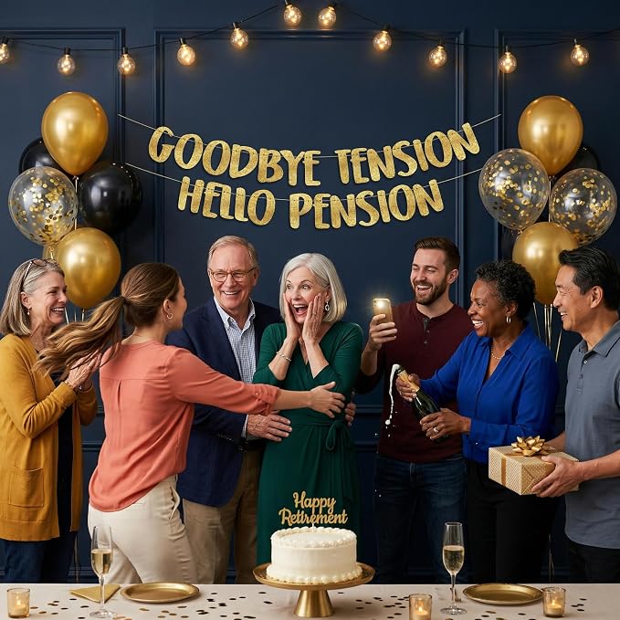 Pre-Strung Goodbye Tension Hello Pension Gold Glitter Banner - Image 6