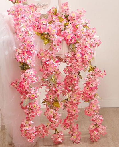 Artificial Flower Garland 2pcs 5.6ft Hydrangea Vine Decor, Dark Pink Flower | by PONKING