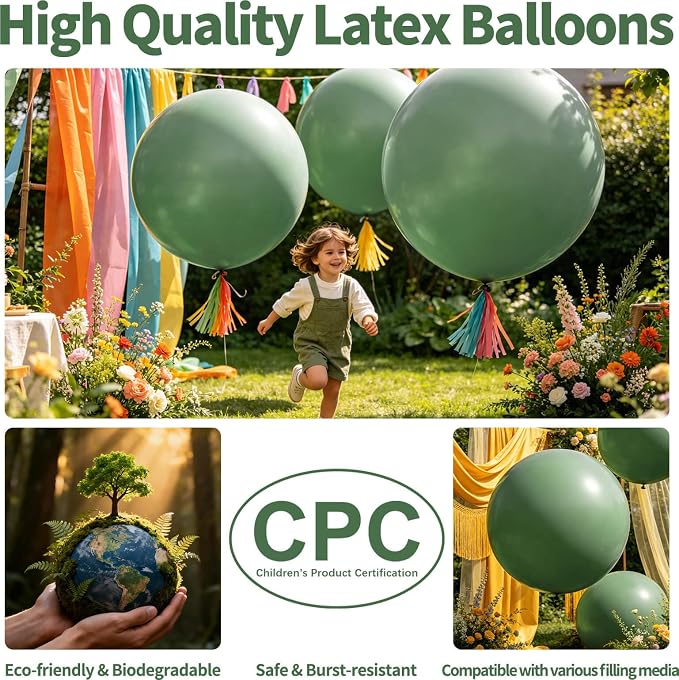 5Pcs Sage Green Big Balloons 36 Inch, Round Large Latex Party Balloons - Image 3