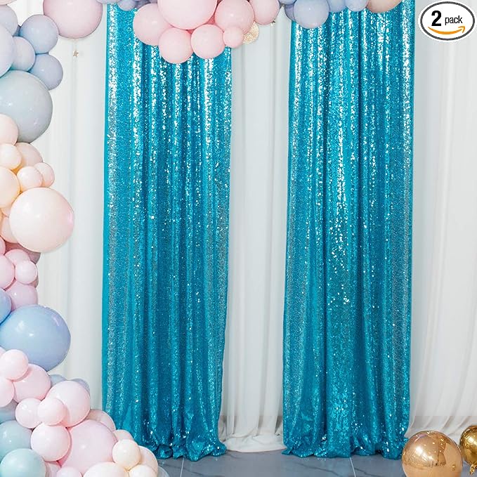 ShinyBeauty Sequin Curtains 2 Panels Turquoise 2FTx8FT Sequin Photo Backdrop by ShinyBeauty