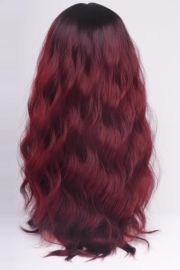 24 Inch Burgundy Wavy Wig with Bangs, Heat Resistant Synthetic Hair for Women, Adjustable Cap with Snap Clips for Daily Use, Wedding, Cosplay