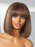 LUVME HAIR 10 Inch Yaki Straight Bob Wig with Bangs Ash Blonde Highlights Blunt Cut Bob Wig Human Hair Glueless HD Lace Bob Wig Ready to Go Short Wigs For Women 180 Density (Breathable Cap)