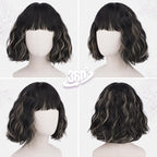 BARSDAR Black Blonde Short Wavy Wig with Bangs - Short Wavy Blonde Highlights Wigs for Women - Curly Textured French Bob Wig with Bangs Soft Synthetic Natural Looking Face-Framing Daily