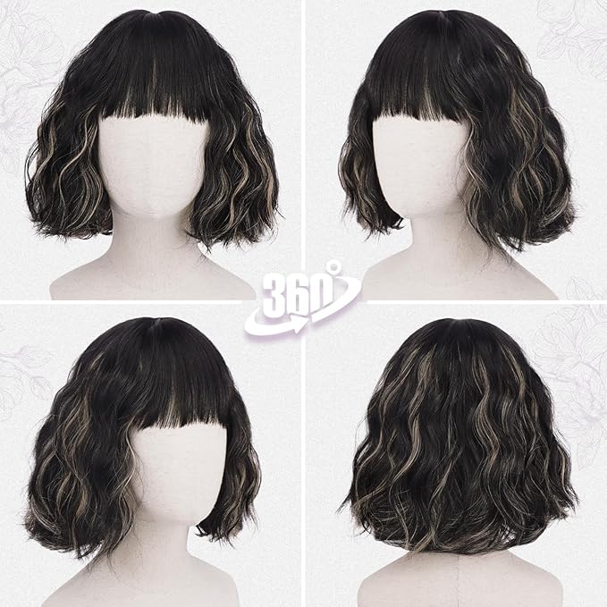 BARSDAR Black Blonde Short Wavy Wig with Bangs - Short Wavy Blonde Highlights Wigs for Women - Curly Textured French Bob Wig with Bangs Soft Synthetic Natural Looking Face-Framing Daily