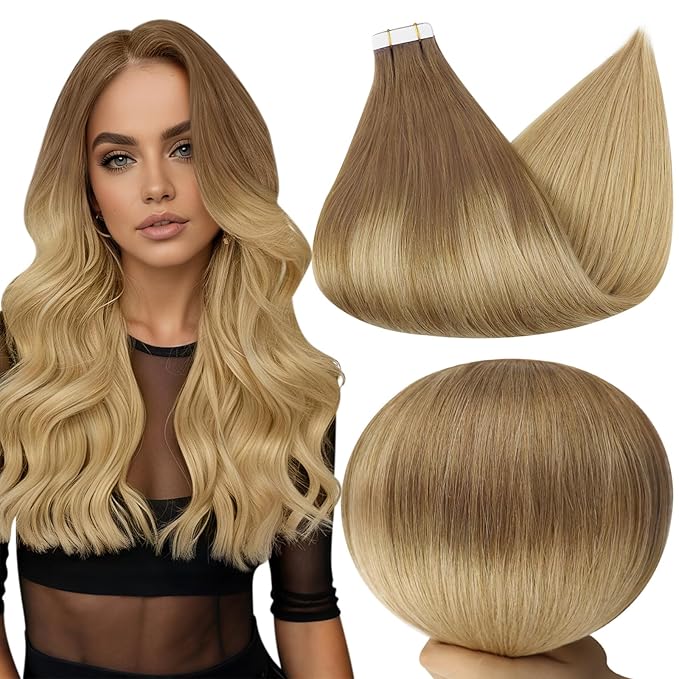 Full Shine Tape in Hair Extensions Human Hair 14 Inch Tape in Extensions Balayage Color 10 Light Brown Fading to 14 Golden Blonde Invisible Tape in Hair Extensions for Women 20 Pcs 50 Grams Remy Glue