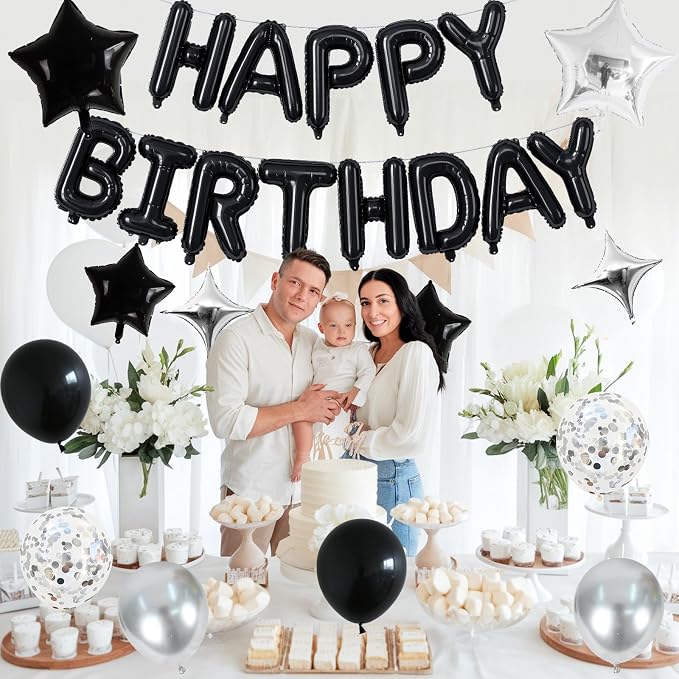 Happy Birthday Balloon Banner Black Silver, 16 Inch Mylar Foil Letter Balloons - Image 9