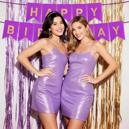 Purple Happy Birthday Banner - 16 ft Pre-Strung Gold Purple Birthday Party - Image 2