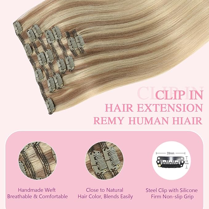 PINKPEARL Clip in Hair Extensions Real Human Hair #10/16/16 Golden Brown to Caramel Blonde Human Hair Clip in Hair Extensions 7pcs 120g 18inch Human Hair Extensios Clip ins(#10/16/16-18)