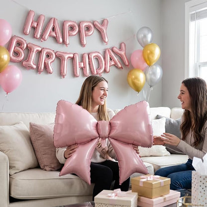 Pink Bow Birthday Decorations Set, Balloons Banner Hanging Swirls Backdrop | - Image 5
