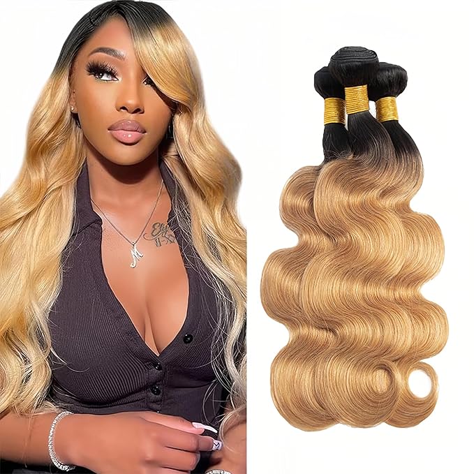 30 32 34 Inch Honey Blonde Bundles Human Hair Ombre Body Wave Bundle Brazilian Virgin Remy Hair Extensions Double Weft 2 Tone Black and Blonde Body Wave Bundle Hair Weave 150g