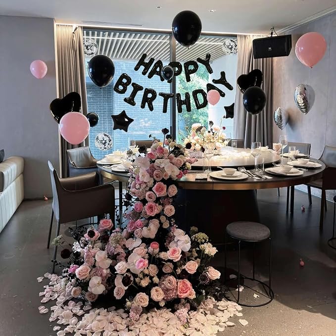 27 Pcs Black Birthday Decorations, 3D Foil Black Happy Birthday Balloon Banner - Image 4