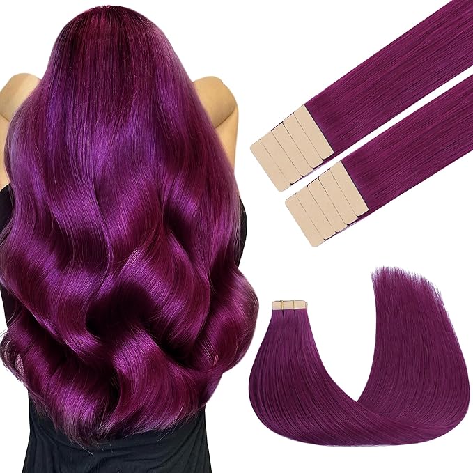 GOO GOO Tape in Hair Extensions Human Hair, Violet, 16inch 25g 10pcs, Colored Tape ins Human Hair Extensions, Silky&Soft Invisible Tape Ins, Hair Highlighted for Party
