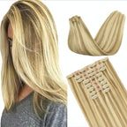 GOO GOO Clip in Hair Extensions Real Human Hair, Remy Human Hair Extensions Clip ins for Women, Natural Human Hair, 14inch 150g 9Pcs, #16/22 Light Blonde Highlighted Golden Blonde