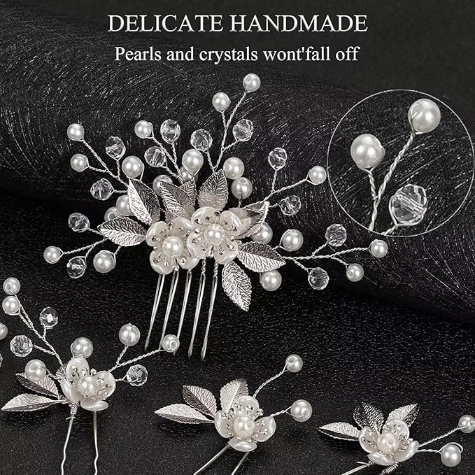 Wedding Hair Pins - Elegant Pearl Leaf Crystal Hair Accessories for Bridal Women (Silver)