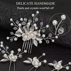 Wedding Hair Pins - Elegant Pearl Leaf Crystal Hair Accessories for Bridal Women (Silver)