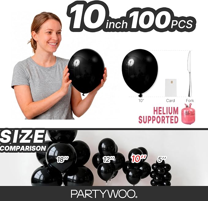 PartyWoo Black Balloons 100pcs Matte Latex Helium Balloons 10 Inch | Baby - Image 6