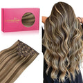 WENNALIFE Clip in Hair Extensions Real Human Hair, 14 Inch 120g 7pcs Human Hair Extensions Clip In Human Hair, Balayage Chocolate Brown to Caramel Blonde Hair Extensions Clip In Real Hair Coloured