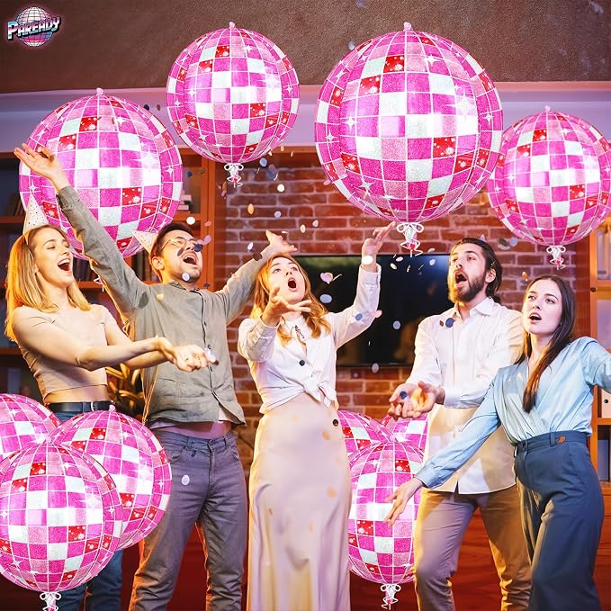6pcs 22 Inch Pink Disco Ball Balloons, 4D Large Foil Aluminum Balloon - Image 8
