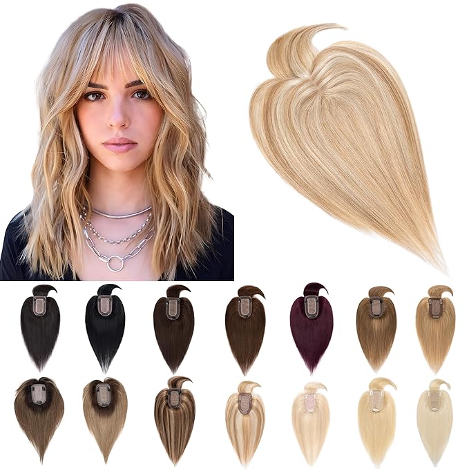 SEGO Hair Toppers for Women Real Human Hair With Bangs, 7 * 13CM Silk Base 100% Remy Human Hair Clip in Top Wiglet Hairpieces Add Volume -14 Inch Golden Brown&Bleach Blonde