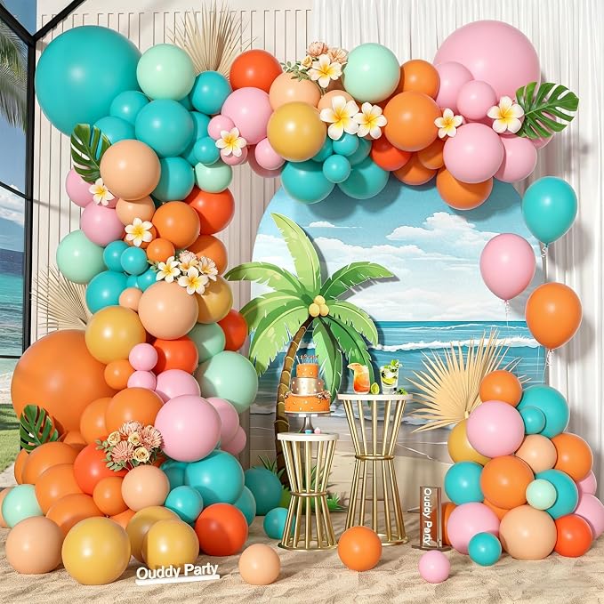 170Pcs Summer Tropical Luau Hawaiian Balloon Garland Arch Kit | Orange Pink by OuddyParty