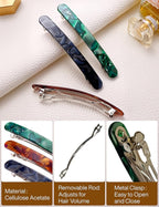 4 Inch Large Hair Barrettes for Women - Strong Hold French Clips for Thick/Thin Hair, Tortoiseshell Acetate Accessories for Ponytail, Half-Up Hairstyles - 3 Pack (Brown, Green, Grey Black)