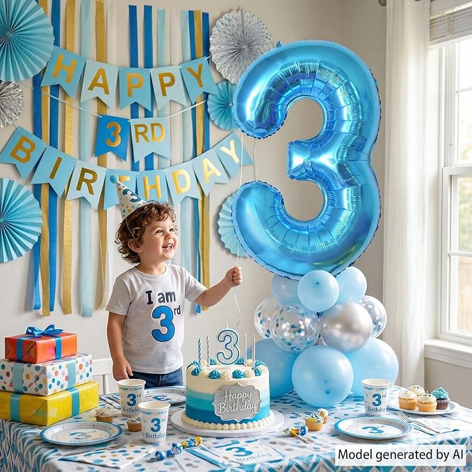Light Blue Number 3 Balloon 40 Inch, Foil Numeral - Image 3