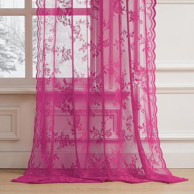 Raspberry Lace Curtains 90 Inches Long Rod Pocket Large Floral Sheer Lace - Image 5