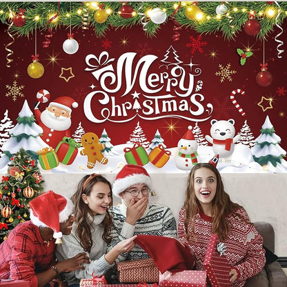 Red Green Gold Merry Christmas Backdrop Banner Photography Background - Image 6