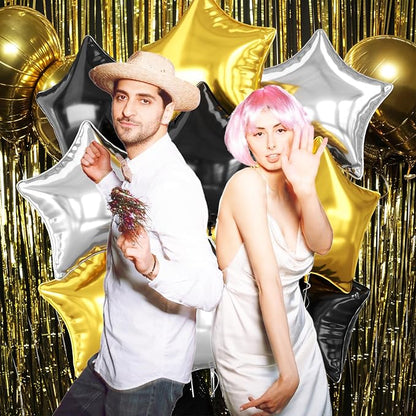 Black Gold Silver Star Foil Balloons, 18 Inch Metallic Black and Gold Stars - Image 6