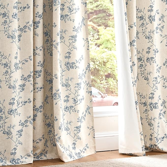 Blackout Vintage Floral Linen Curtains Blue on Beige 50×84 2 Panels | Elisa - Image 9