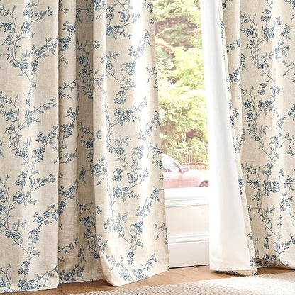 Blackout Vintage Floral Linen Curtains Blue on Beige 50×63 2 Panels | Elisa - Image 8