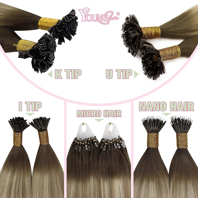 YoungSee K Tip Hair Extensions Balayage 22In Keratin Hair Extensions Human Hair Ombre Dark Brown to Brown with Blonde Straight 50s/50g