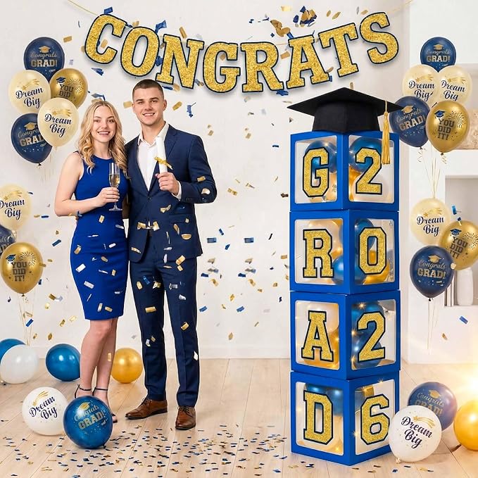 Graduation Decorations Class of 2026 Navy Blue and Gold Balloon Boxes - Image 6