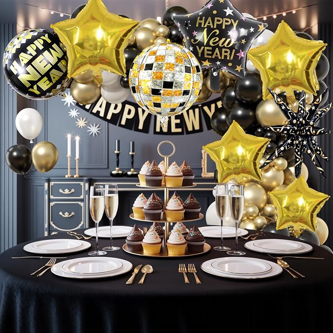Black and Gold Happy New Year Balloons, 18 Inch New Years Foil Balloons - Image 3